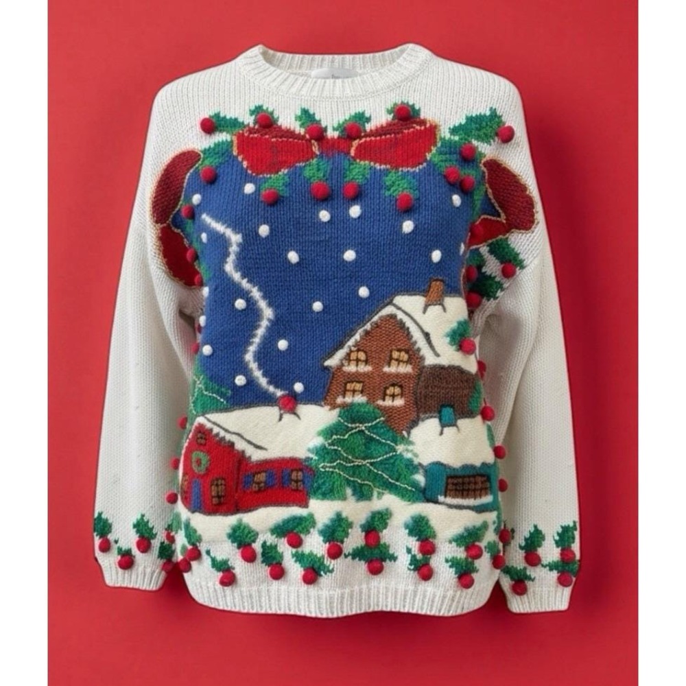 Laura Daniels Ugly Christmas Sweater Womens M‎ White Winter Village 3D Cottage